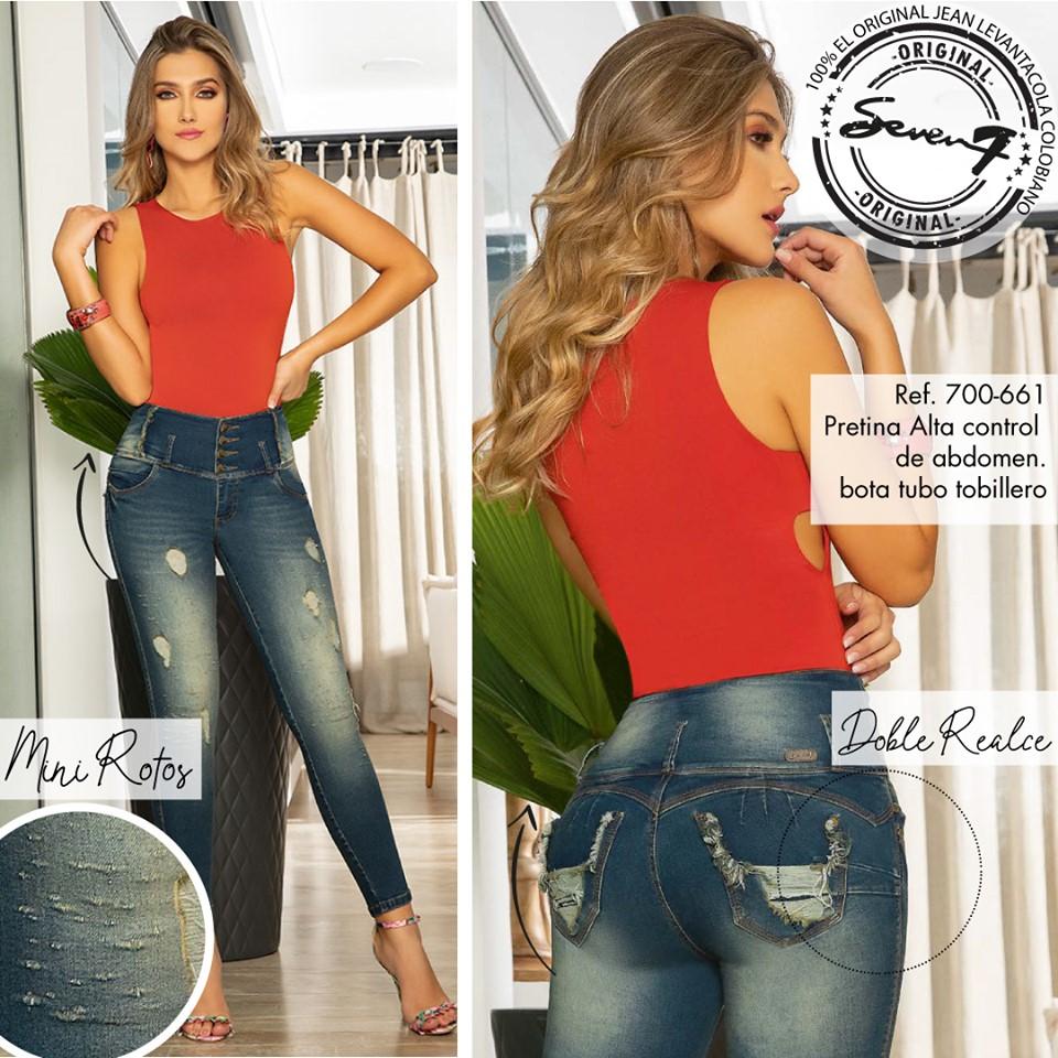 Colombian Jean  Fake Pockets, Double Tail and High Waistband with four buttons to control the abdomen.