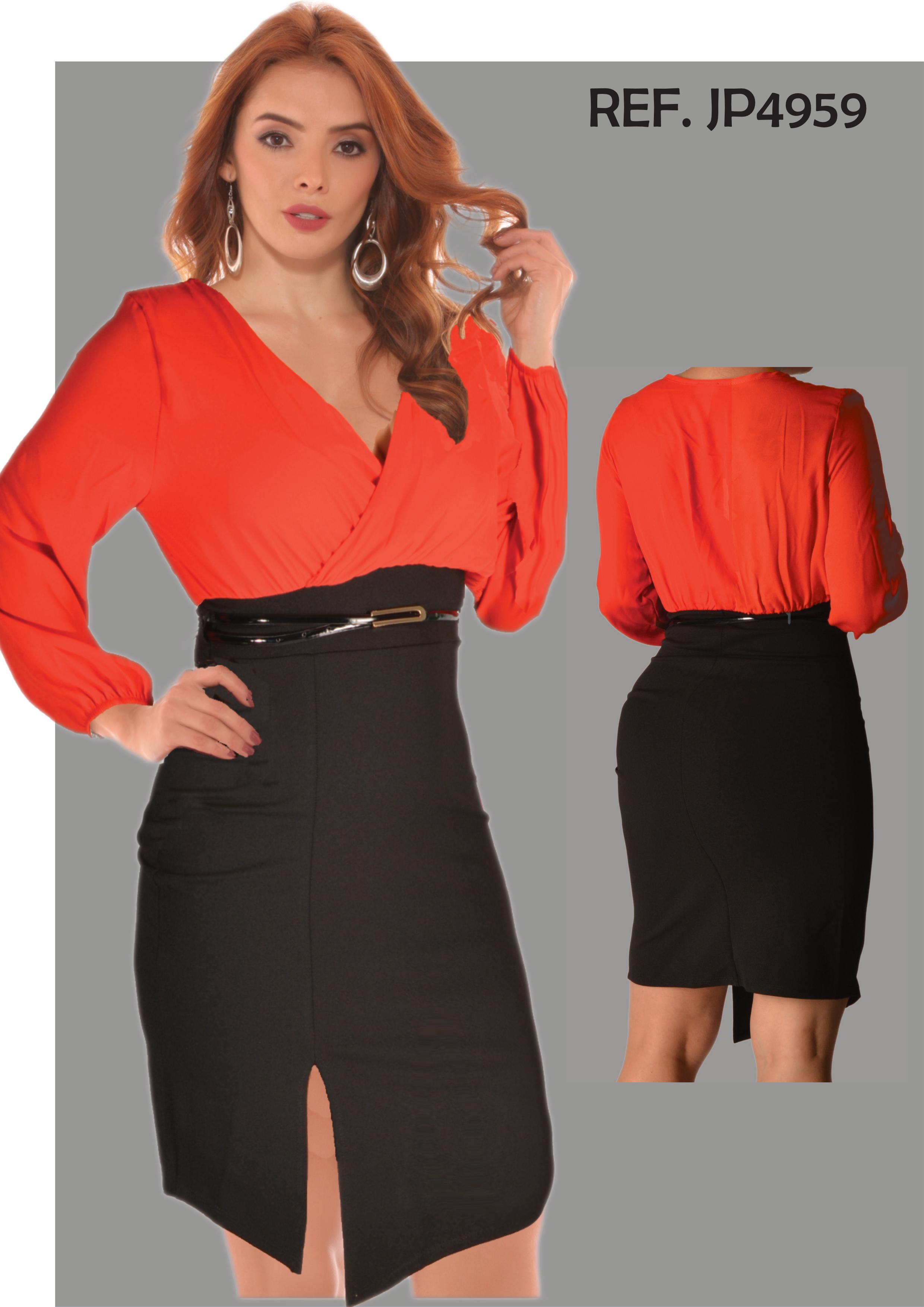 Beautiful Two-tone Party Dress Red Blouse and Black Skirt with Lateral Opening