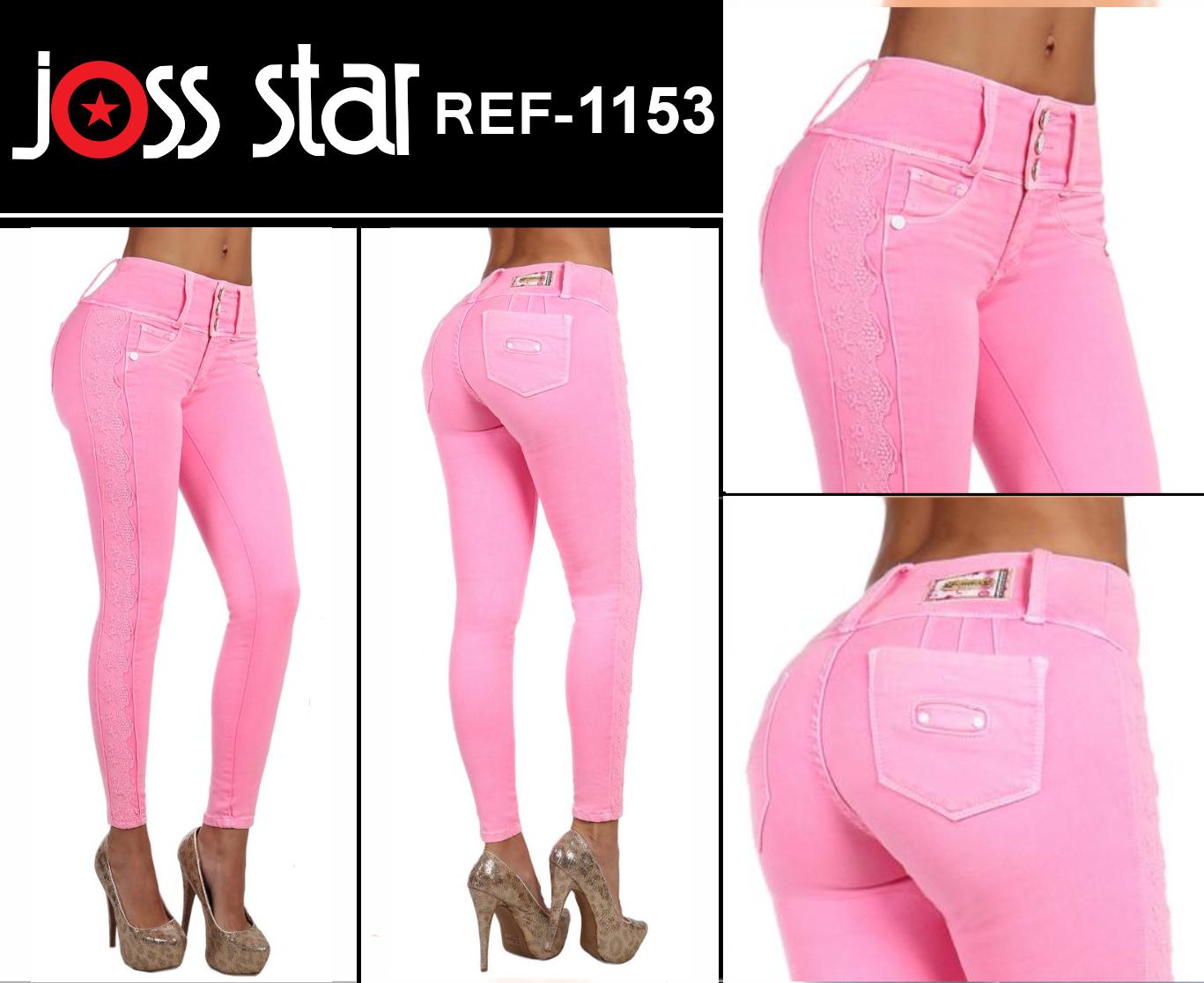 Cowboy pants for Lady with Enhancement Lift, 3 Buttons High Waistband, Pink Color and With Abundant Embroidery on Sides