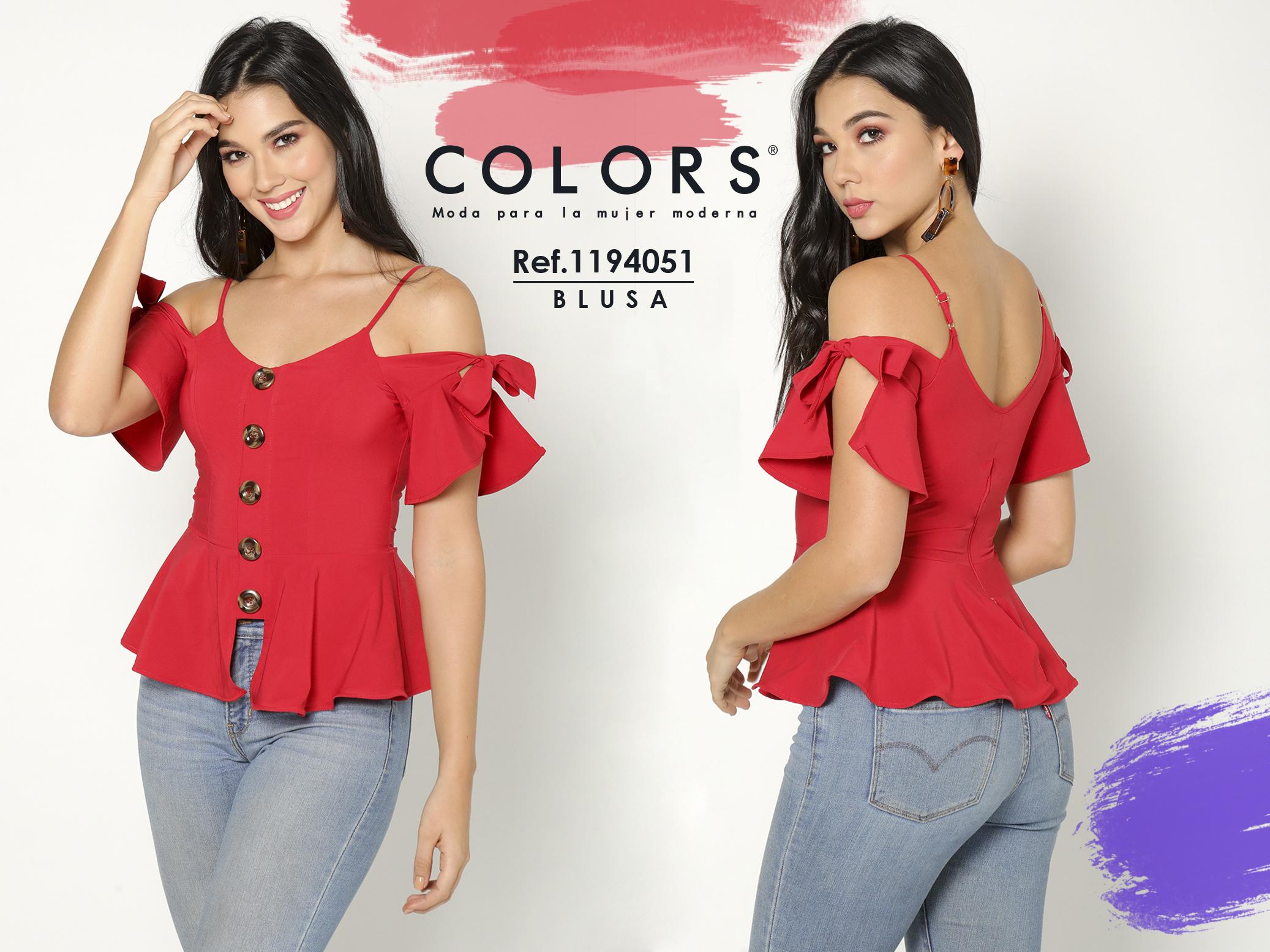 Short-sleeved blouse for Lady strips, red color decorated with loose sleeves and front buttons