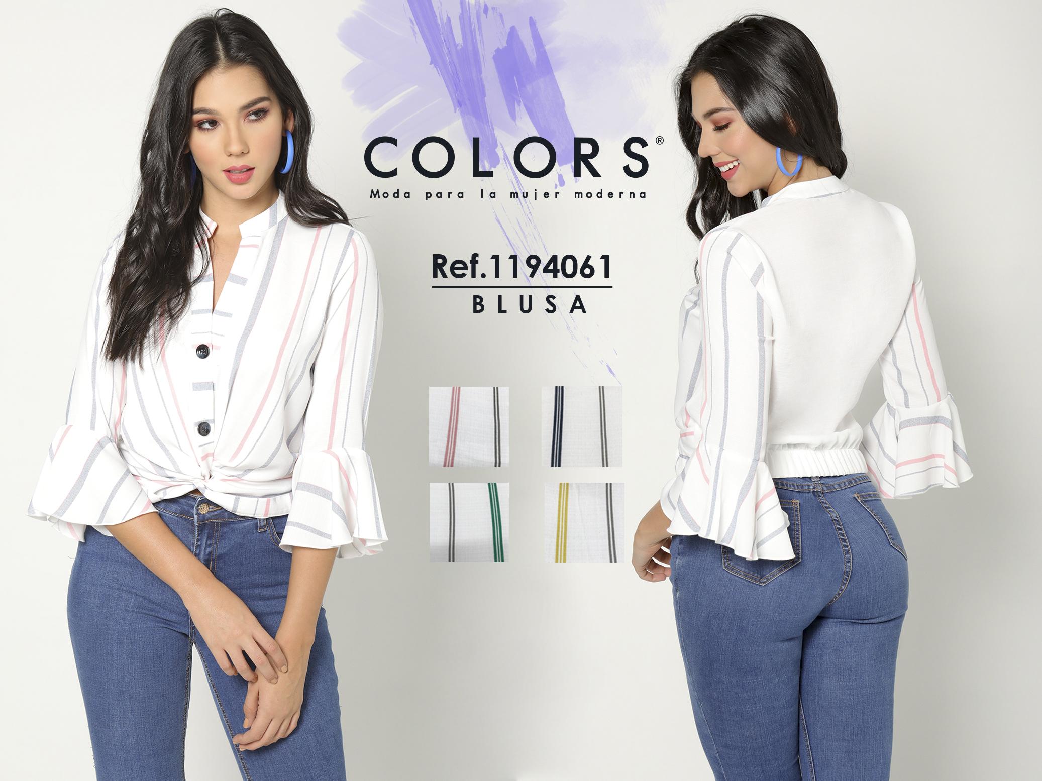 White blouse type shirt with sleeve up to the forearm with white background and decorated with vertical stripes of varied colors
