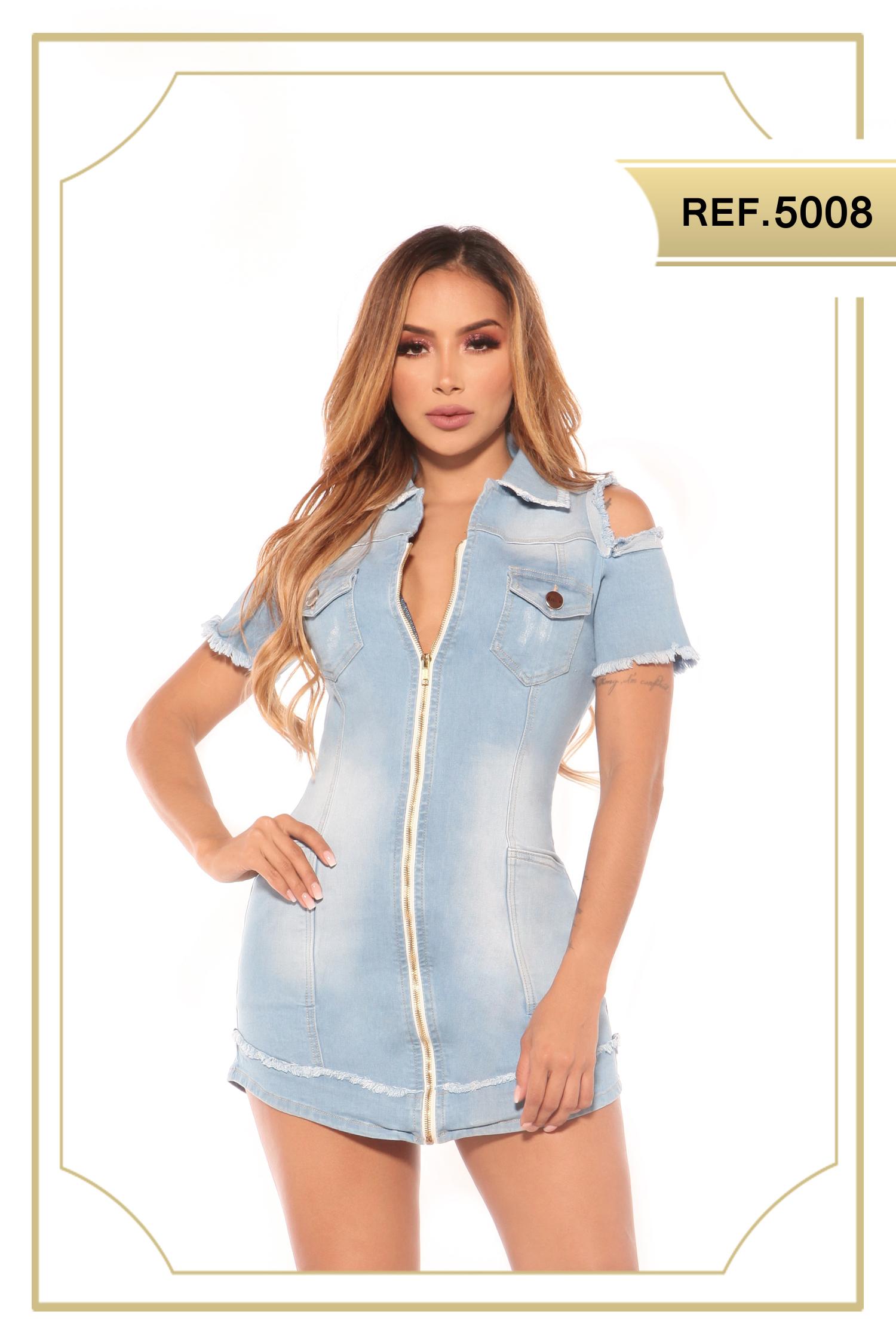 Short Jean Dress with Front Zip, Ice Blue Color and Decorative Front Pockets, Wear on Sleeves and Edges.