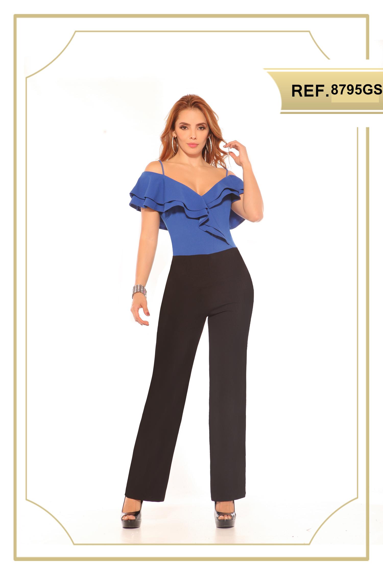 Full-length fabric for lady, with black pants and blue blouse with straps and bare shoulders