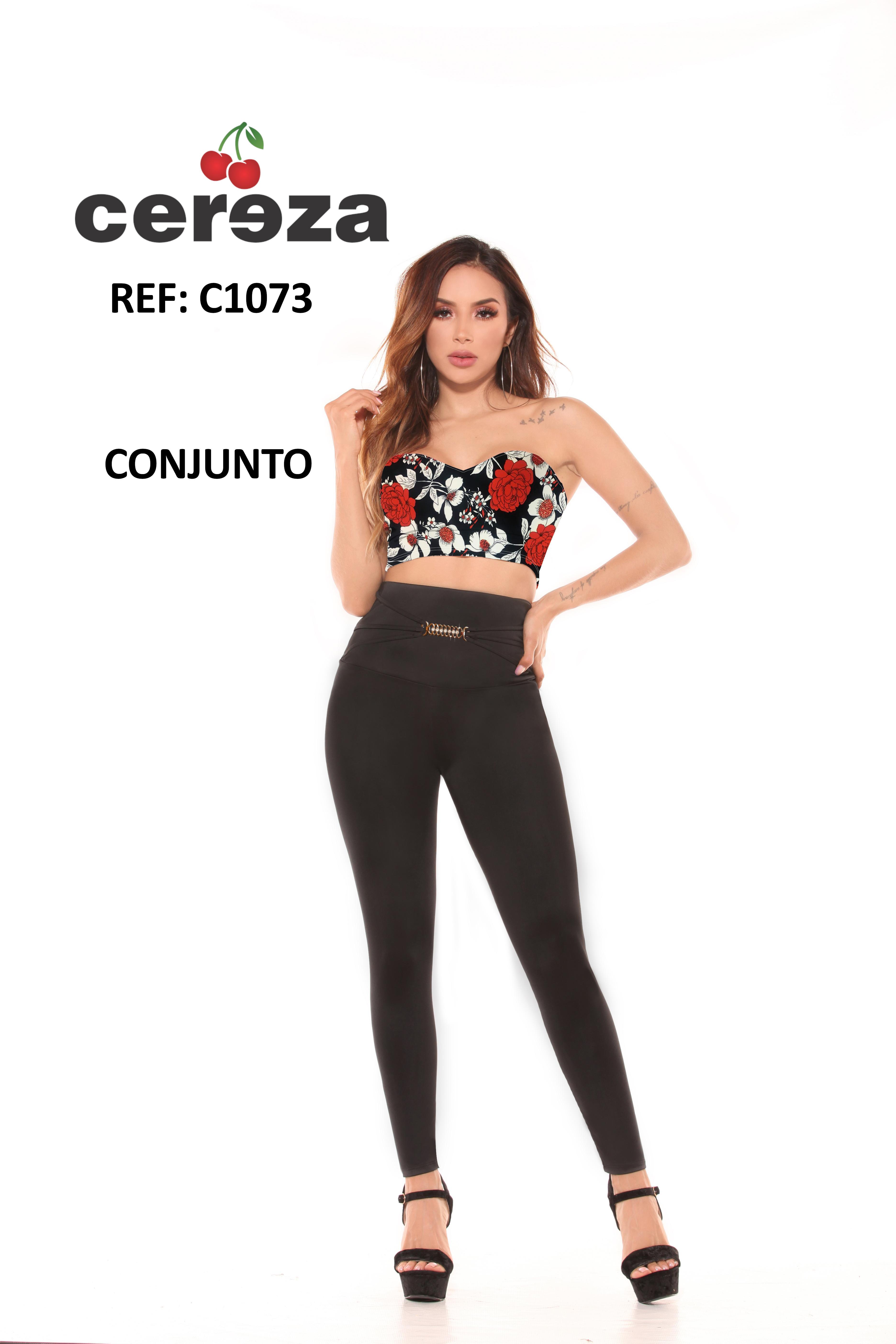 Original Colombian CEREZA Brand Set with Summer Off Shoulder Blouse and Black pants with High Waistband and decorated on the front