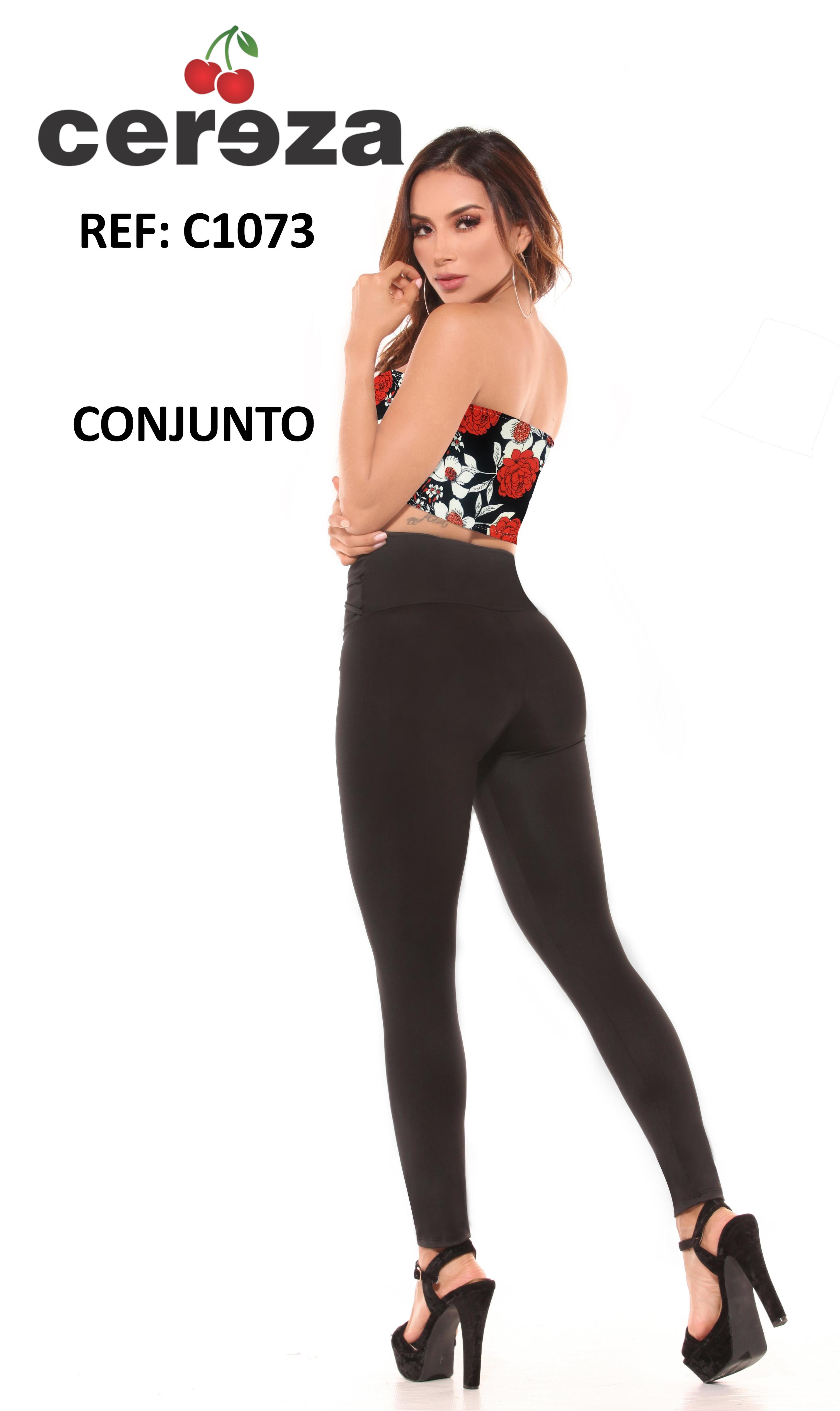 Original Colombian CEREZA Brand Set with Summer Off Shoulder Blouse and Black pants with High Waistband and decorated on the front