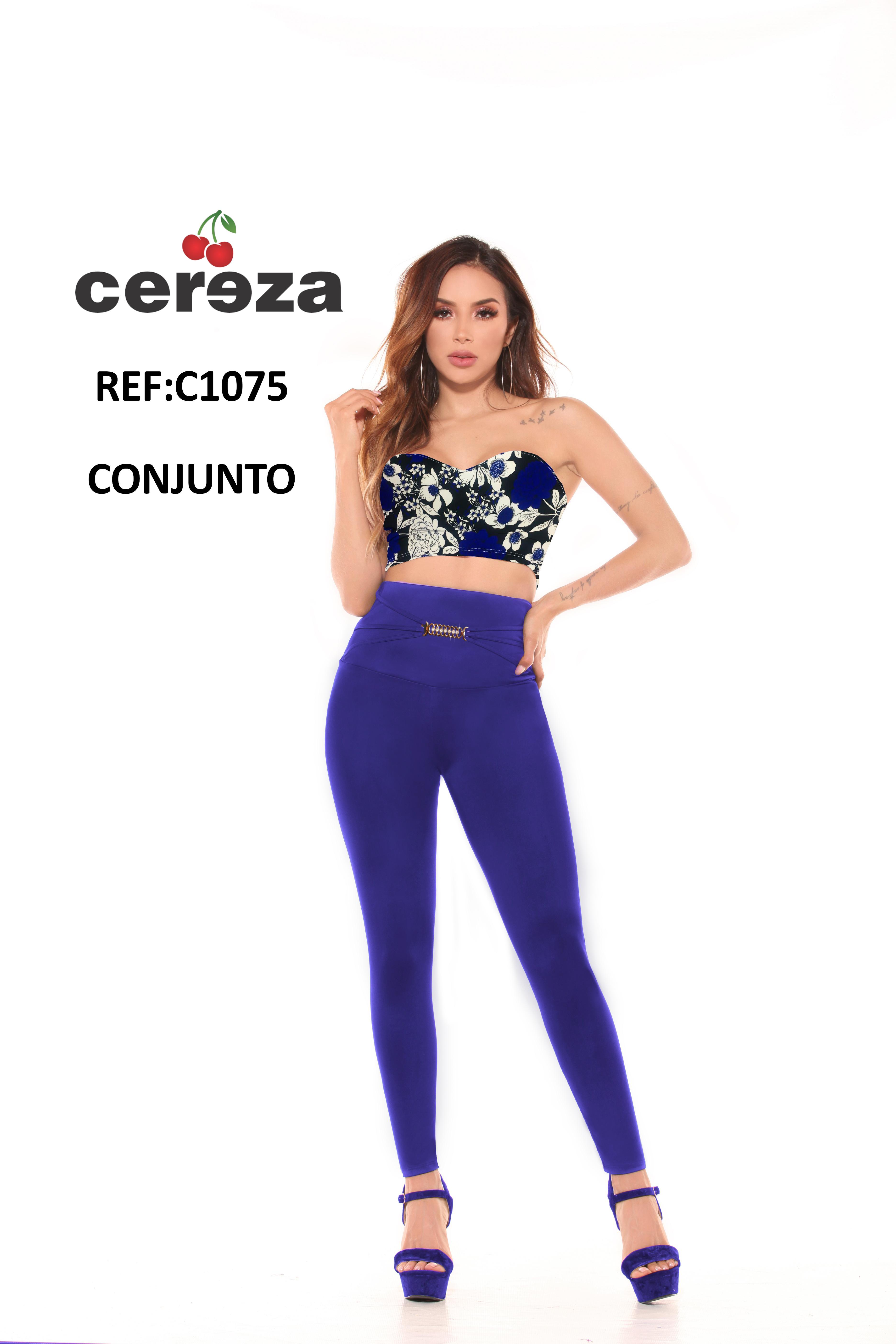 Colombian set Blouse Blue Floral decoration and blue pants for women with high waist and tummy control