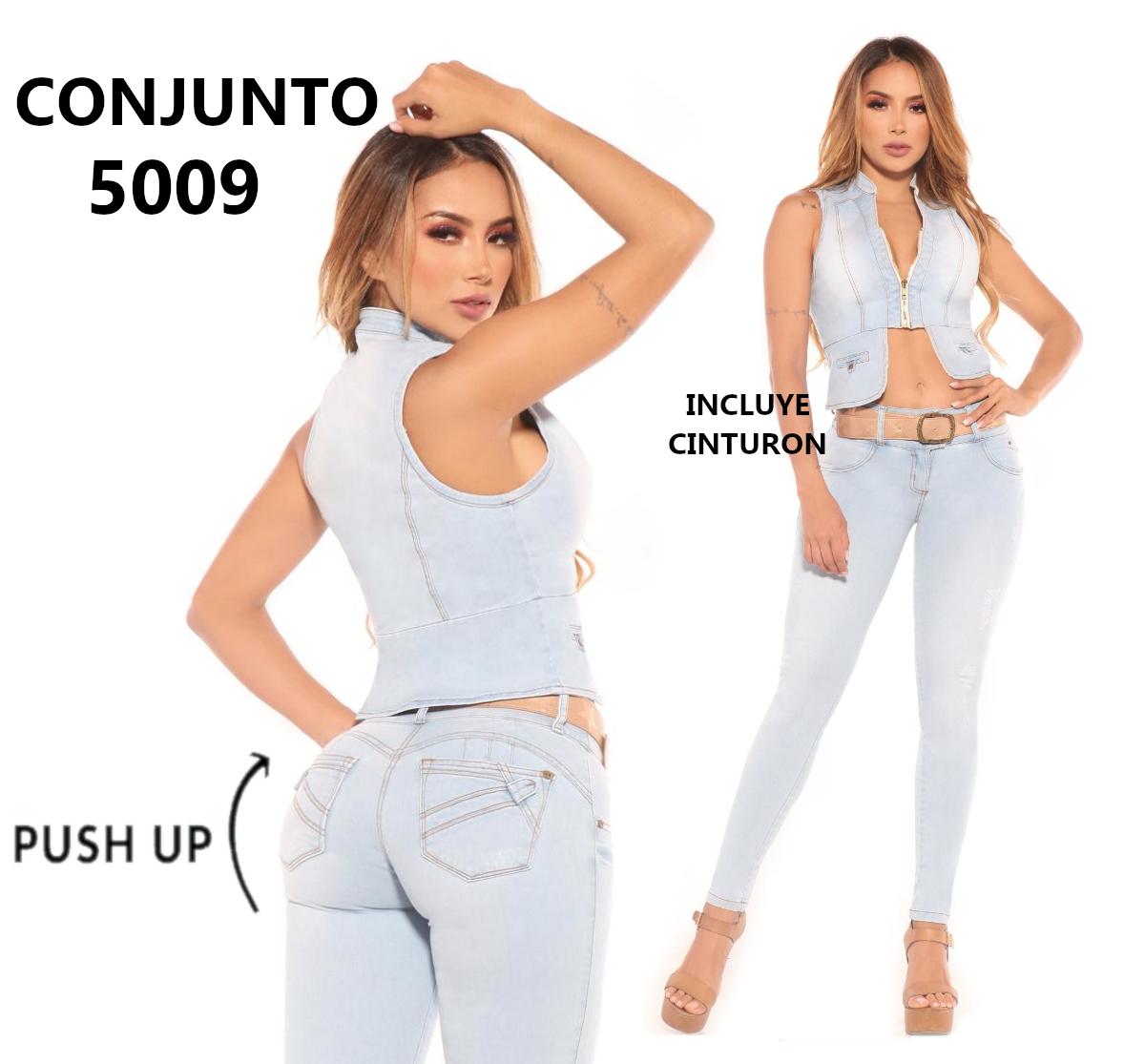 Jeans set of Levantacola Pants and Jean Vest Fashion Sleeveless with front opening. Beautiful Ice Color. Colombian Fashion