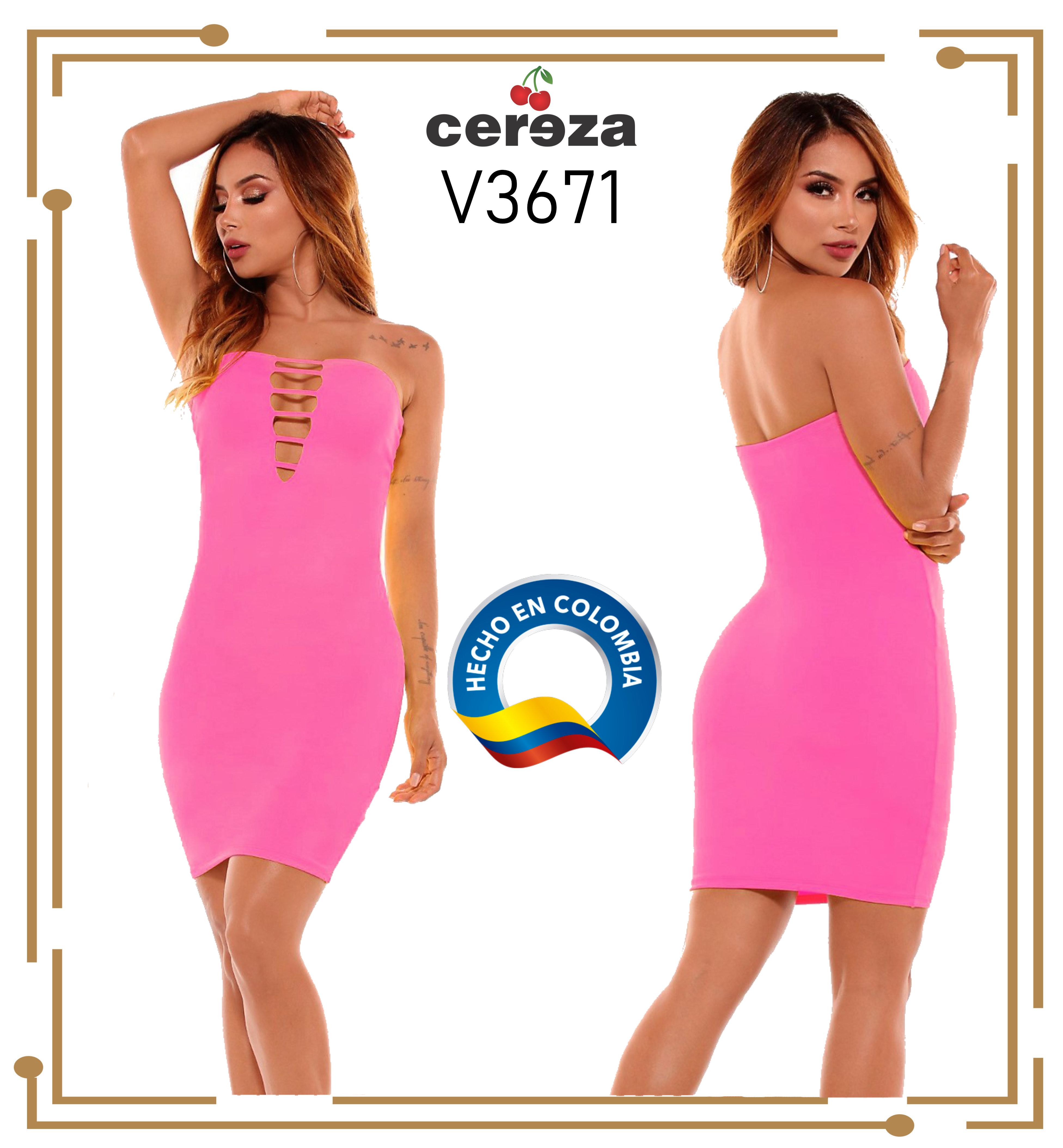 Short dress with bare shoulders of the CEREZA brand, which has a beautiful frontal decoration on the neckline