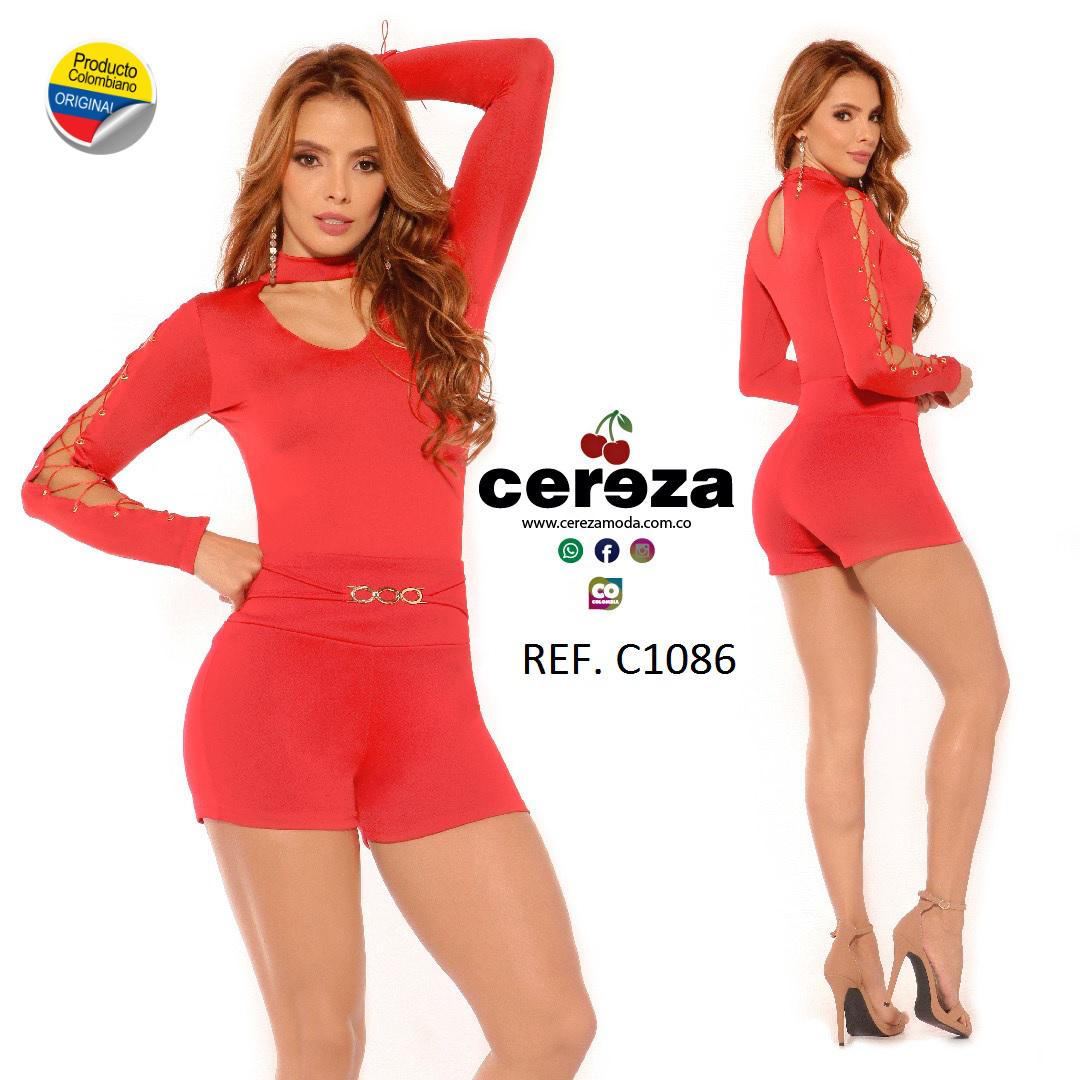 Colombian Short set with long sleeves decorated with straps and neckband.