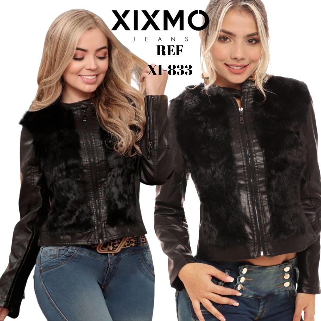 Leather style jacket with plush appliqués and front zip