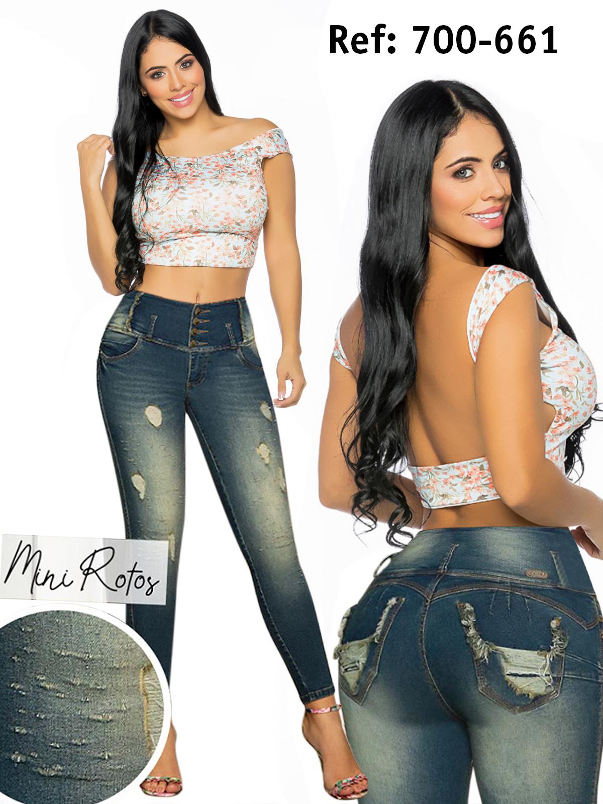 Colombian Jean  Fake Pockets, Double Tail and High Waistband with four buttons to control the abdomen.