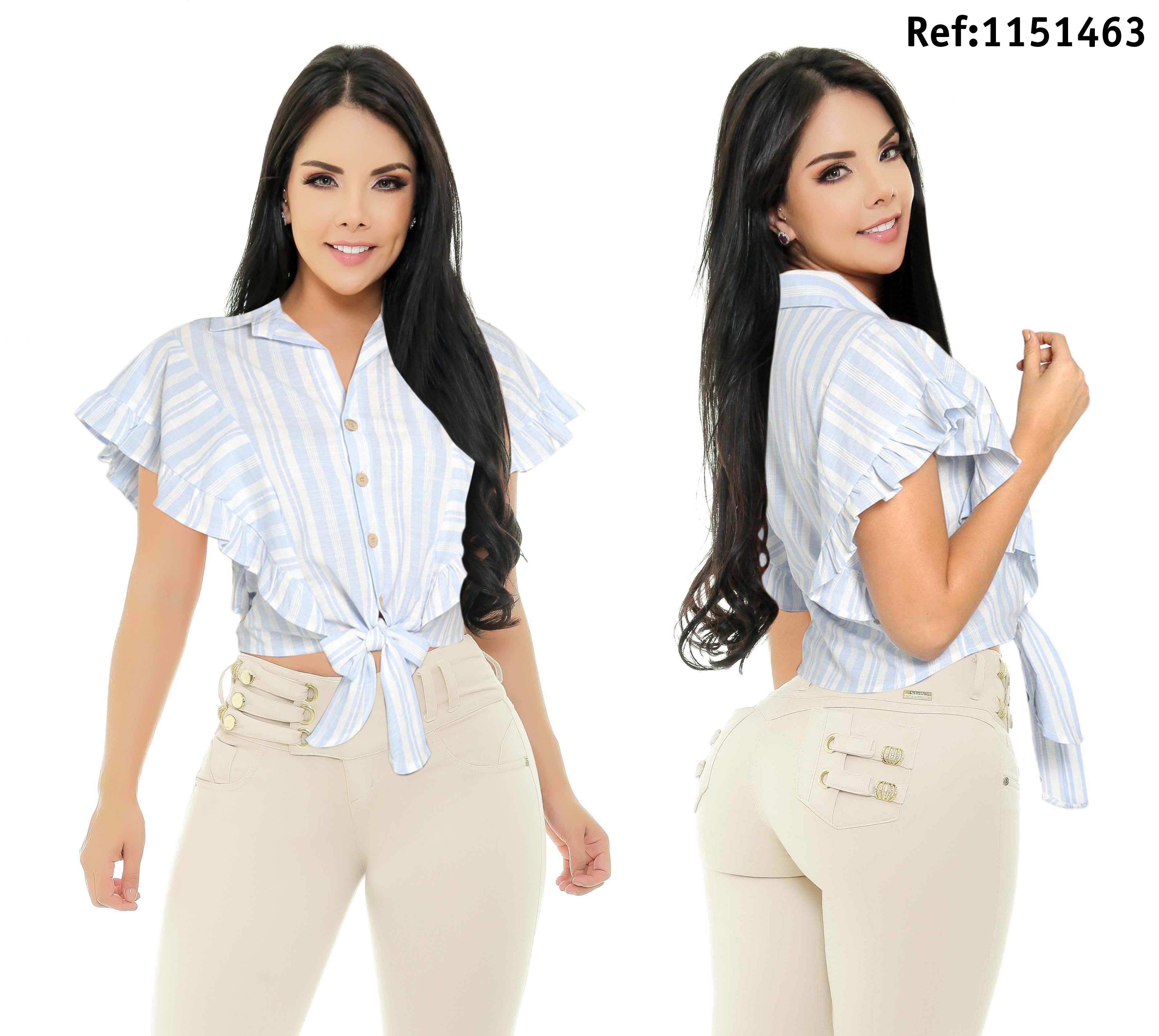 Beautiful Blouse For Women with Short Sleeves and Front Buttons, Light Blue with White Stripes, decorated with boleros and bow fordward