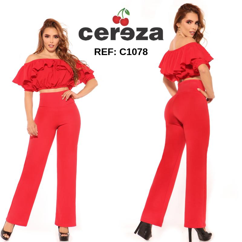 Beautiful Set of Pants and Blouse for lady in red, with bare shoulders and high waistband control abdomen