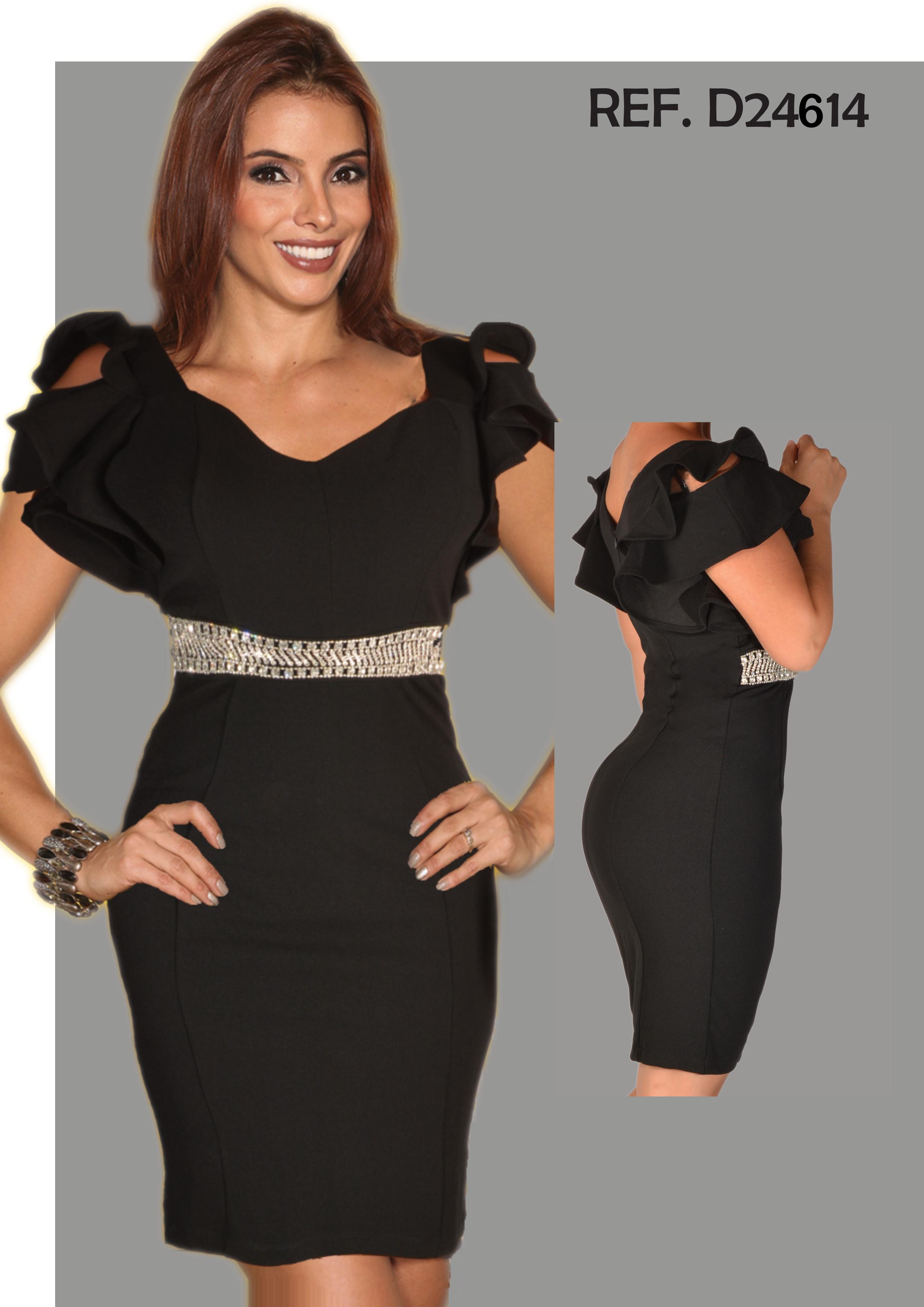 Comprar Sensacional Vestido de Dama Americano Color Negro con Diseño tipo cinturón en pedrería largo clásico a la rodilla