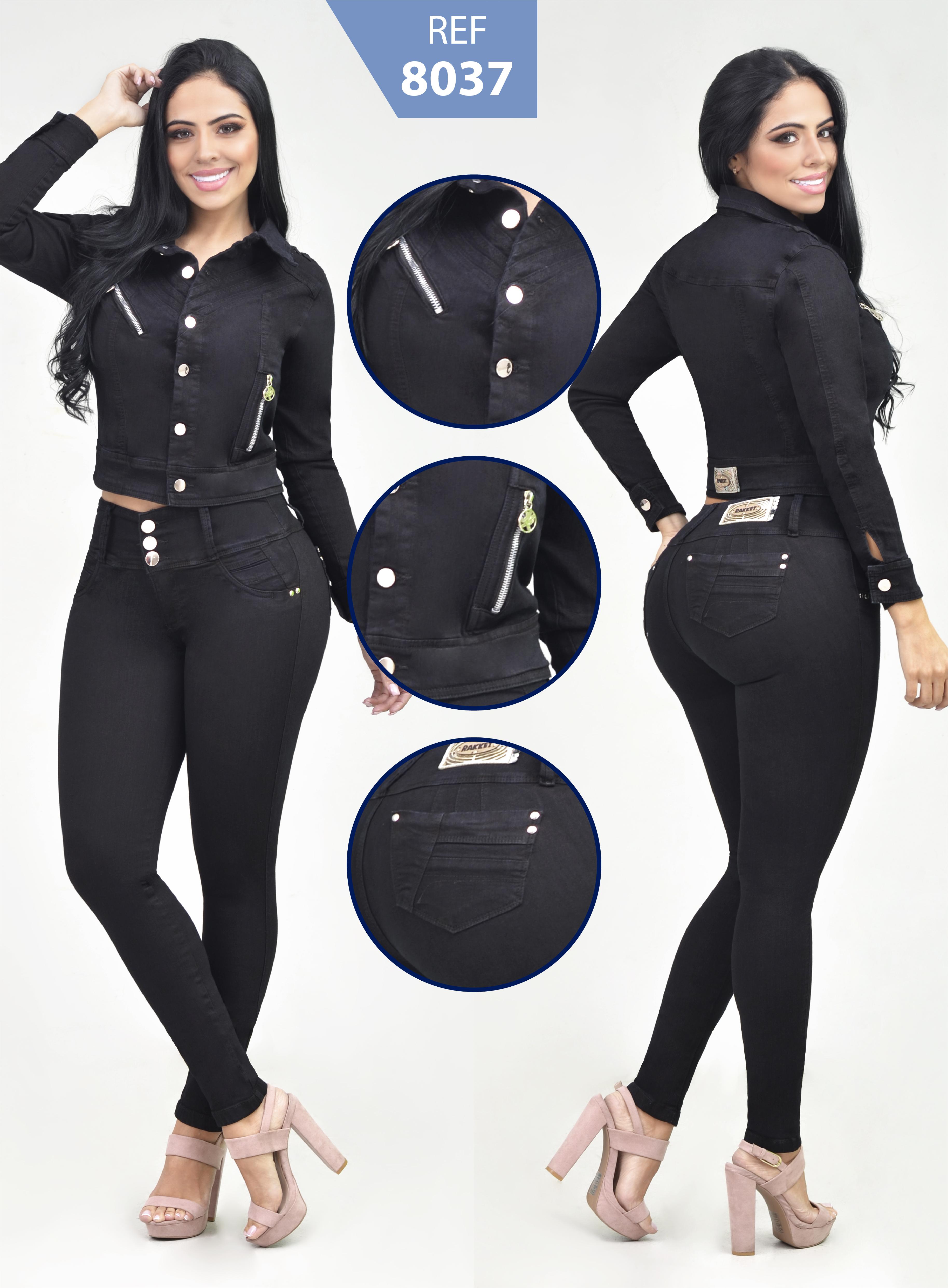 Comprar Conjunto Colombiano de Moda Marca RAKKET Color Negro Con Hermoso Jean Levantacola y Chaqueta de Manga Larga y Botones en Frente.