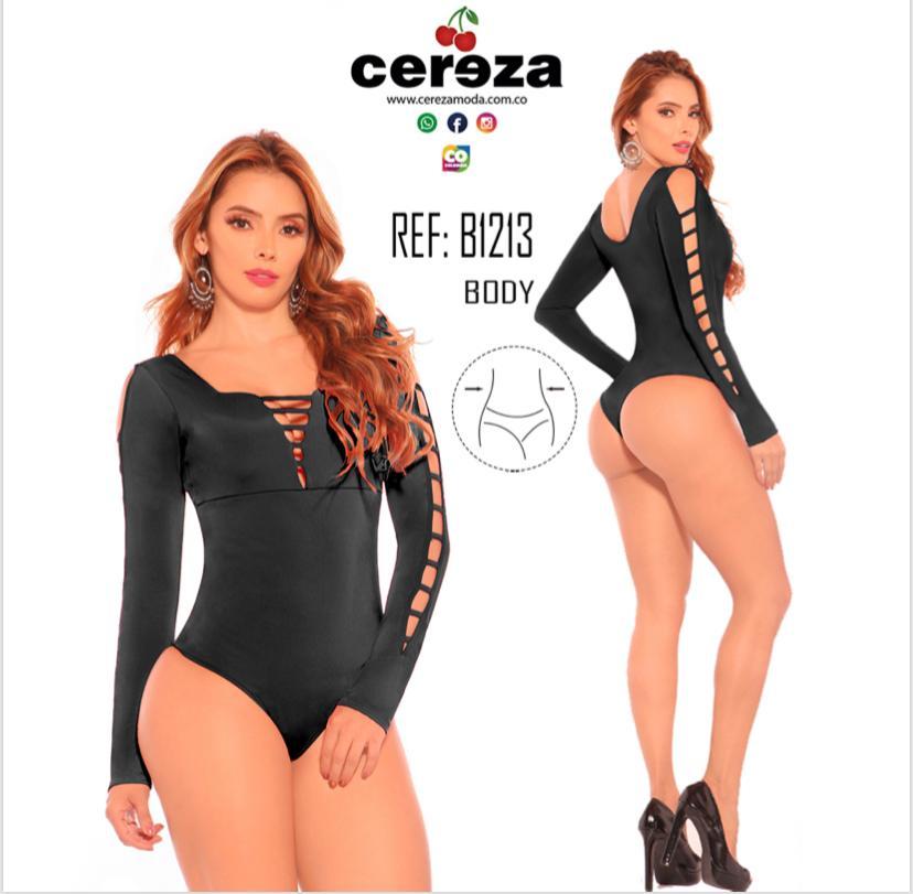 Comprar Body Colombiano con Diseño Reductor, Mangas Largas, Color Negro y Marca CEREZA