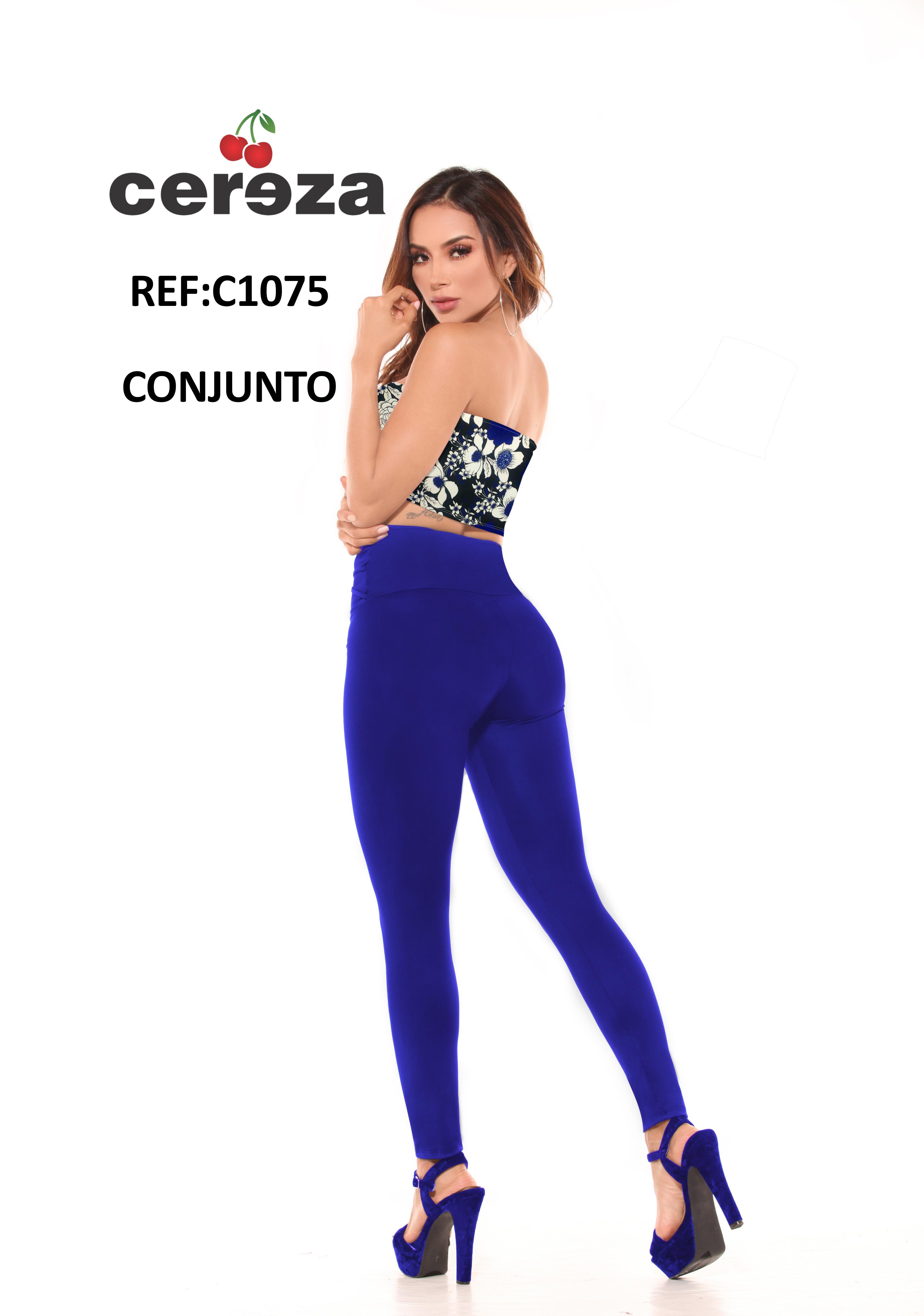 Comprar Conjunto Colombiano de Blusa Azul decorado Floral y Pantalón Azul para dama con Cintura Alta y con control de Abdomen