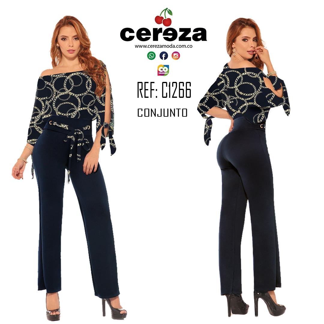 Comprar Conjunto Largo Colombiano de Moda con Pantalón con ajuste de cintura y Blusa de mangas largas y aberturas laterales.
