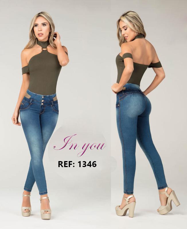 Pantalón Jean Colombiano de Dama Marca Inyou, con pretina ancha y decorada Pantalón Jean Colombiano de Dama Marca Inyou, con pretina ancha y decorada