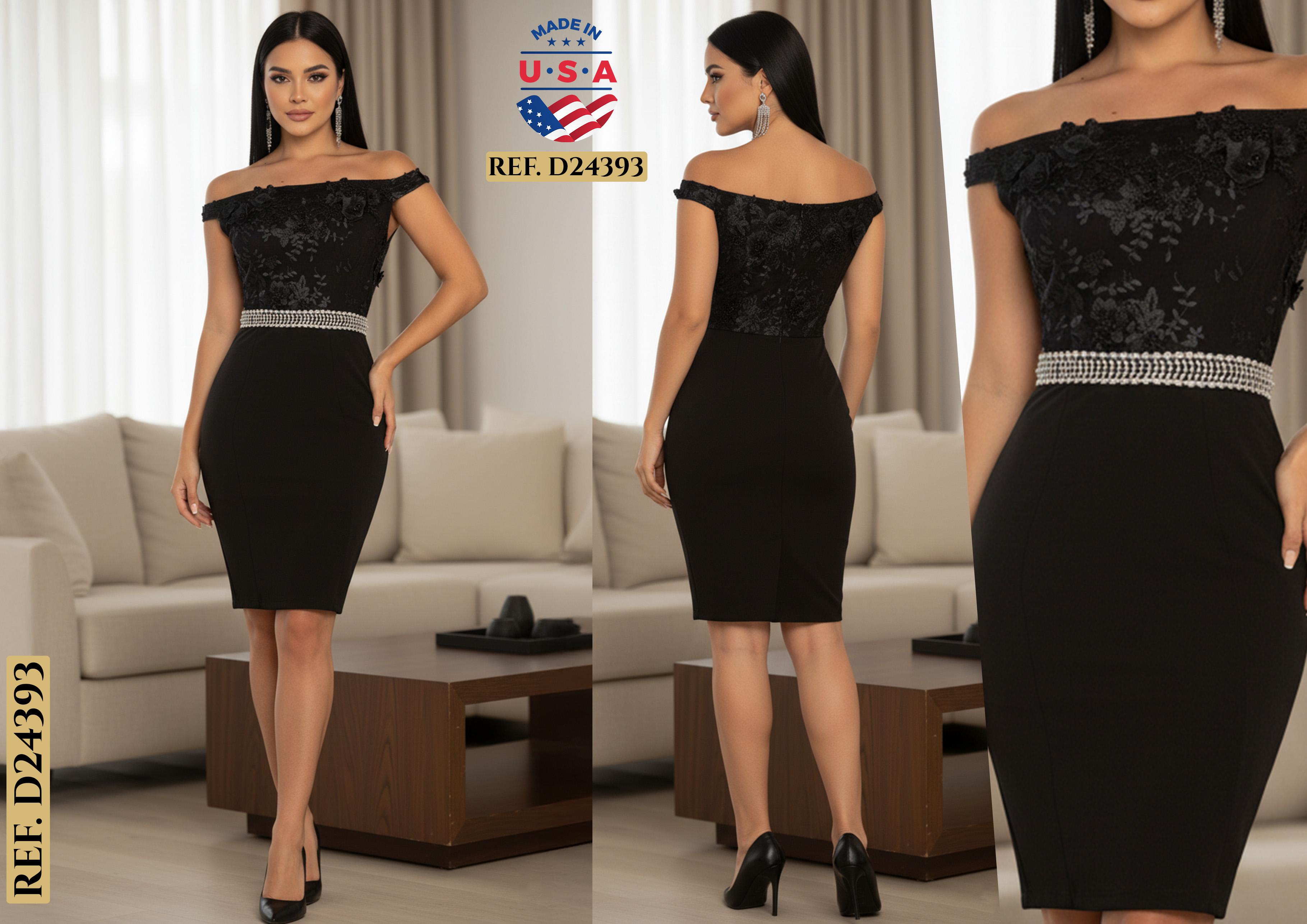 Comprar Vestido Americano de Dama con parte superior en brocado tipo blusa y falda largo a la rodilla, decoración en cintura