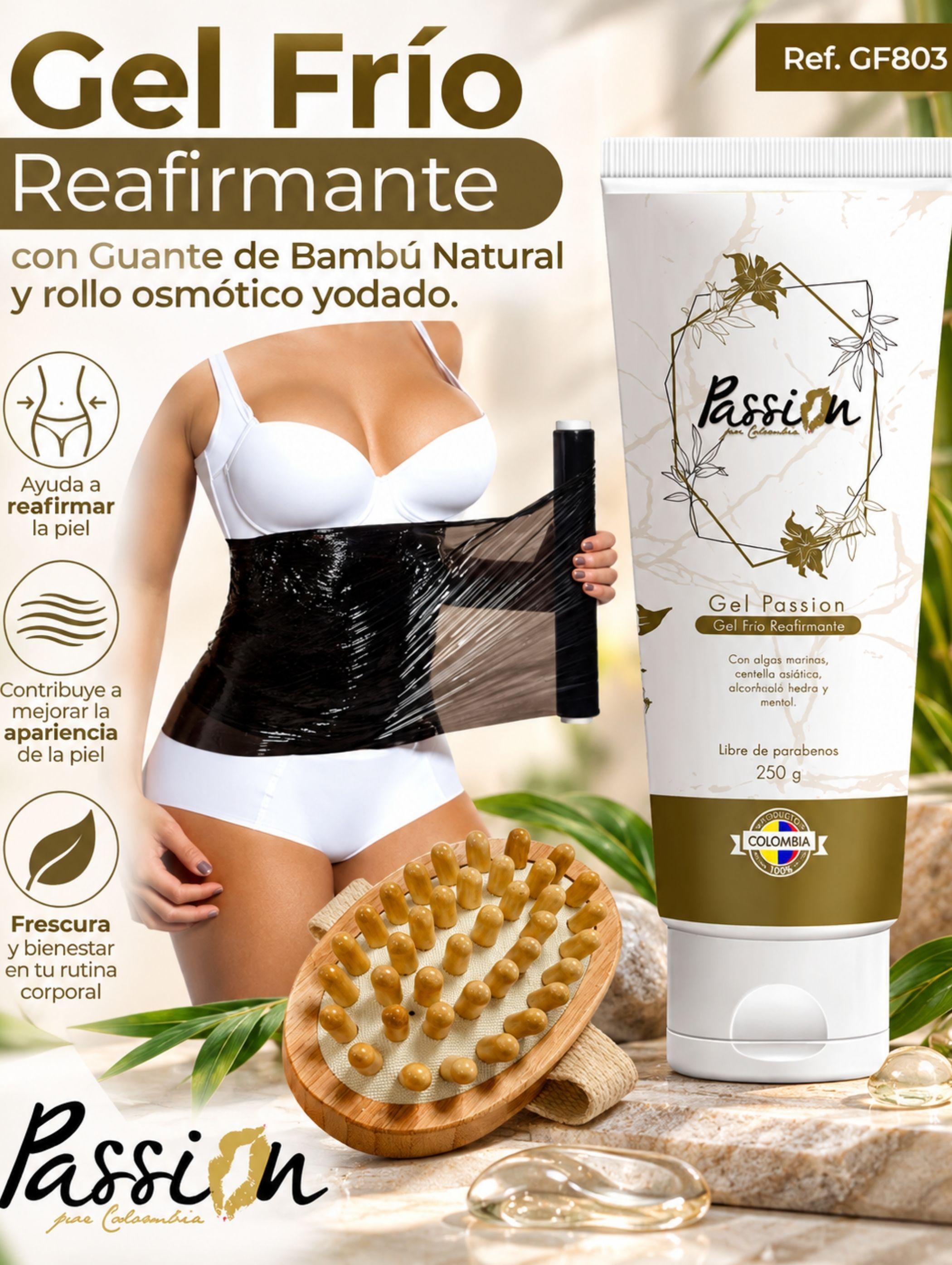 Combo Gel Frio Reafirmante + Guante masajeador de bambú + Rollo Papel Yodado Osmótico de 100 Metros
